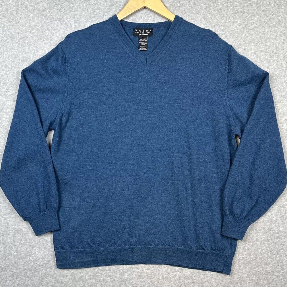 Toscano Sweater Mens Large Heather Blue Merino Wool Long Sleeve V-Neck Italy